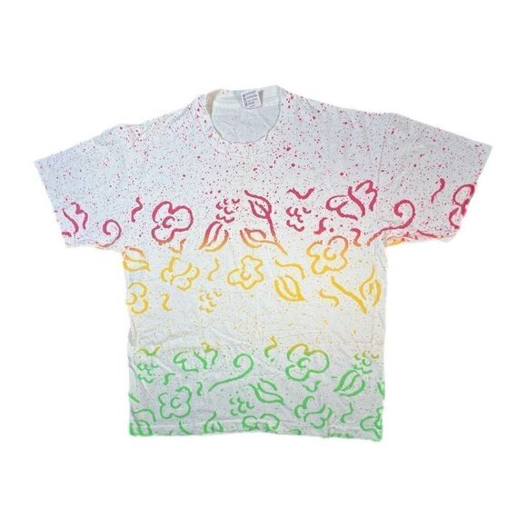 Vintage 90s Floral Paint Splatter AOP Tee - Picture 1 of 6